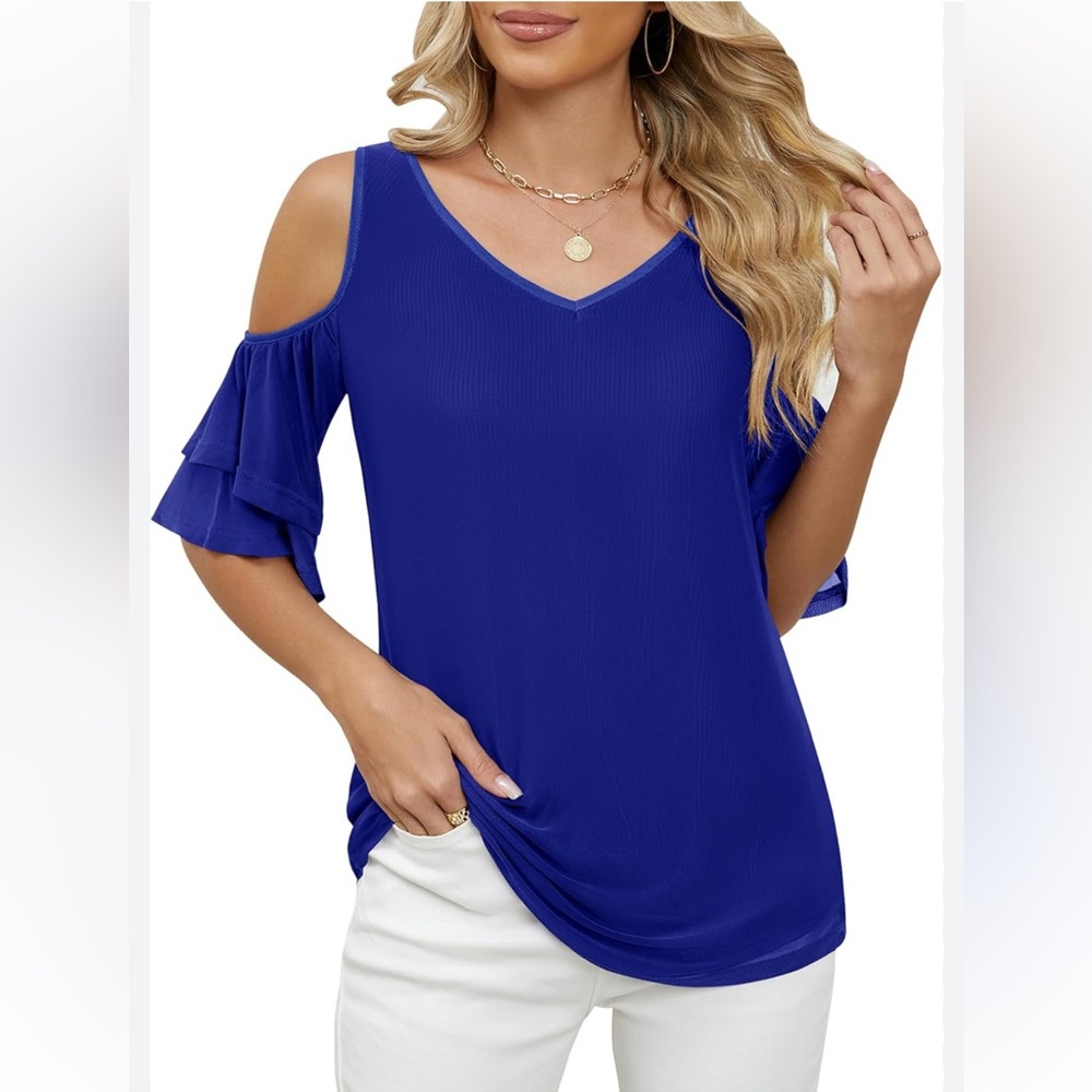 Royal Blue Cold Shoulder V-Neck Top Size L (441)‎